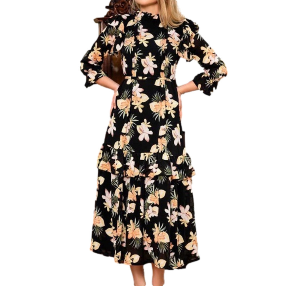 NWT Ruffled mock-Neck Tiered Maxi Dress, Black,floral,XS, full sleeves